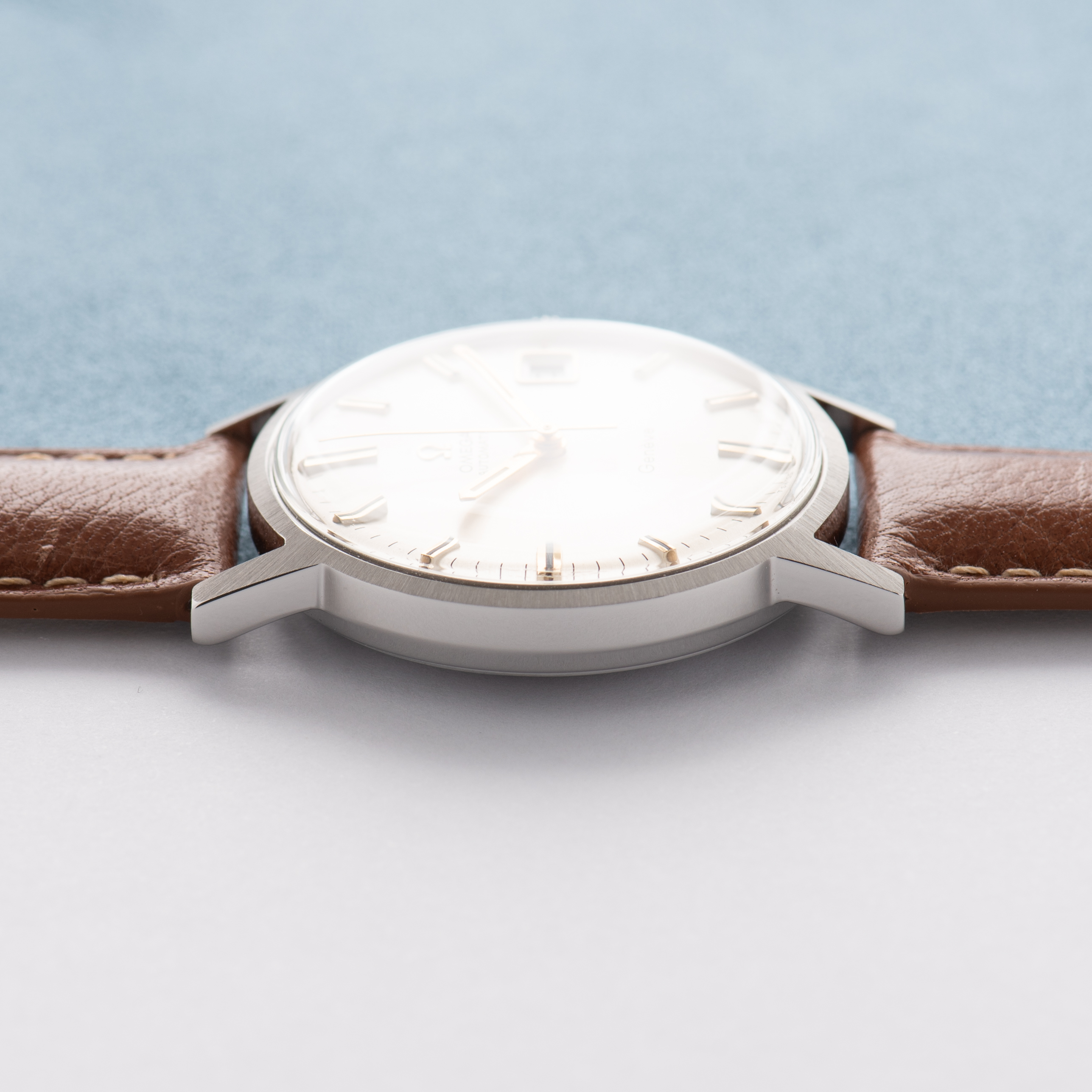 View of Omega Automatic Geneva Date Silver Dial Ref 166.070 from 1969