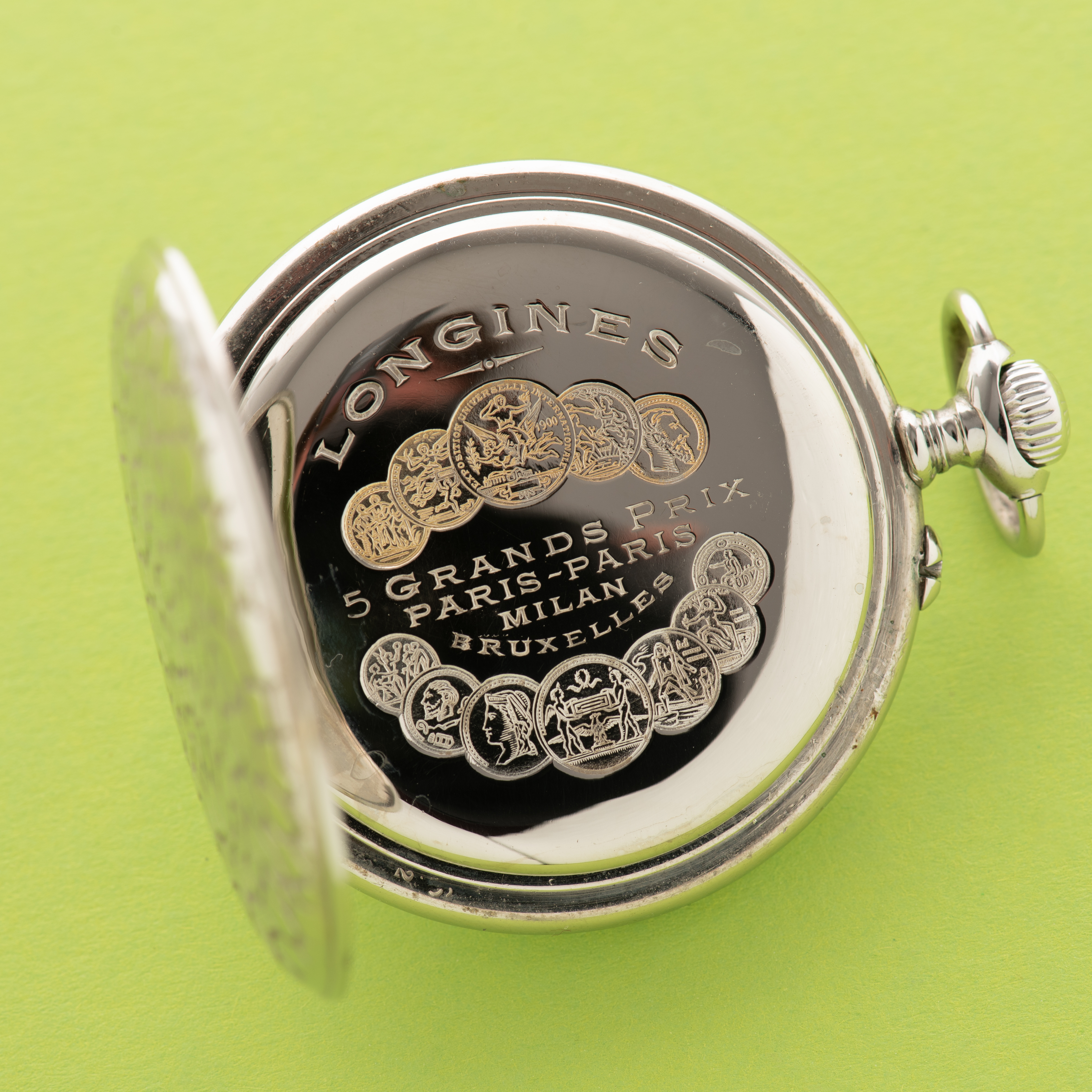 Zicht op Longines Gousset 5 Grand Prix Silver Case cal 19.75N vanaf 1911