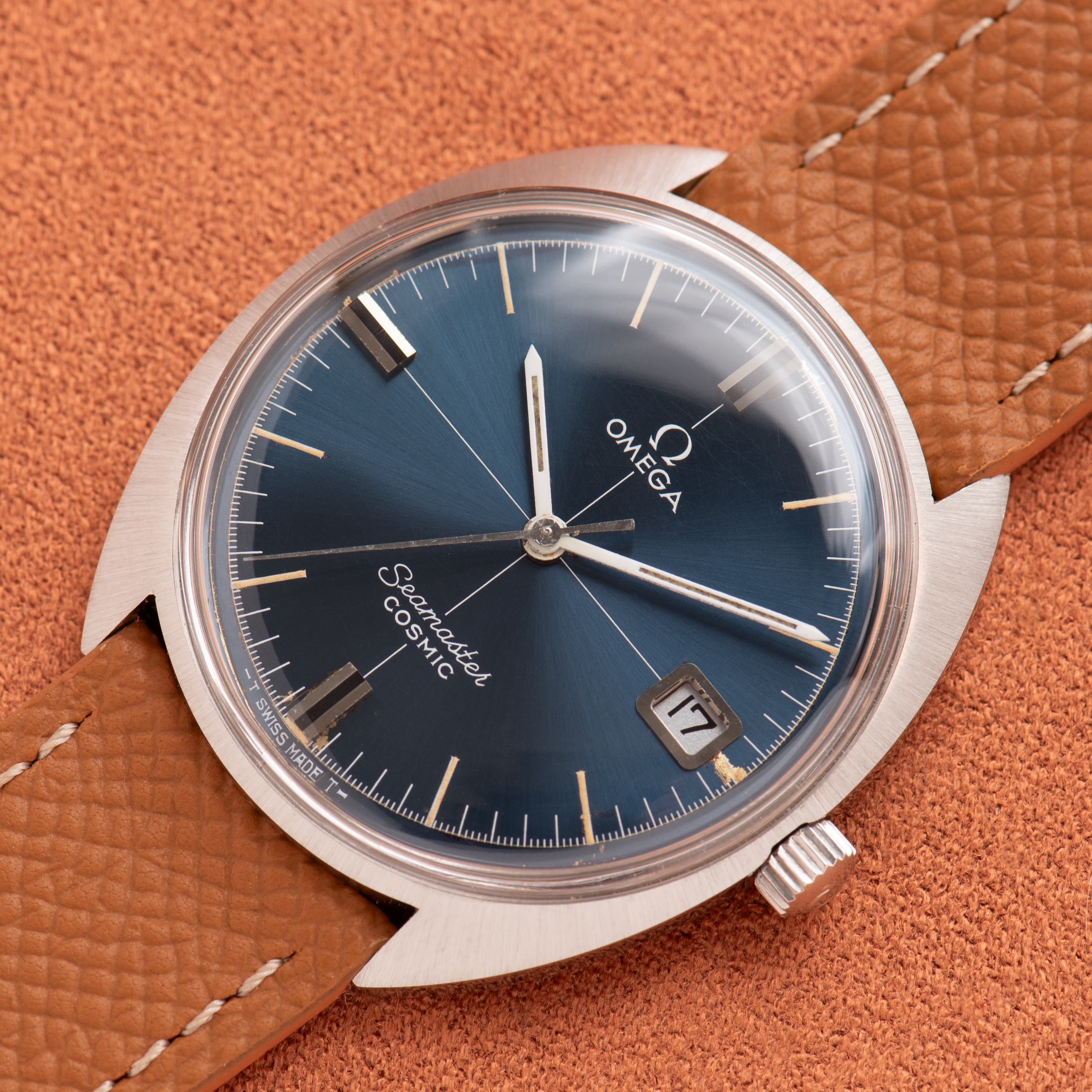 View of Omega Seamaster Cosmic Blue Crosshair Dial Date Ref 136.017SP from 1969