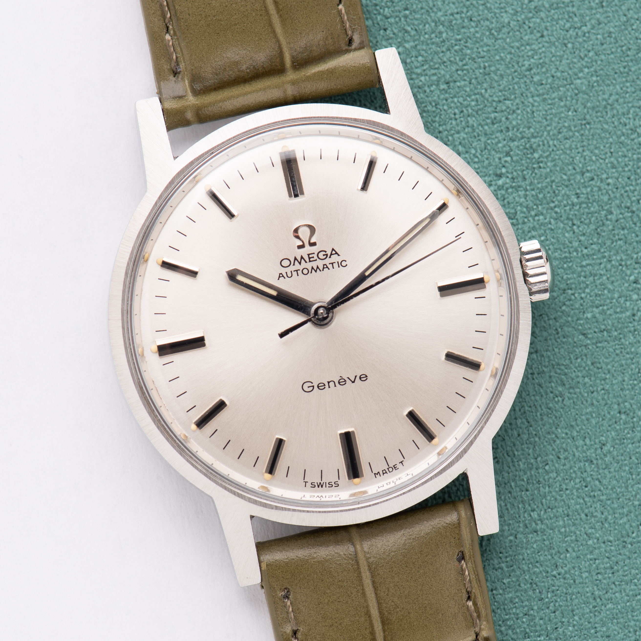 View of Omega Automatic Genève Silver Dial Ref 165.070 from 1969