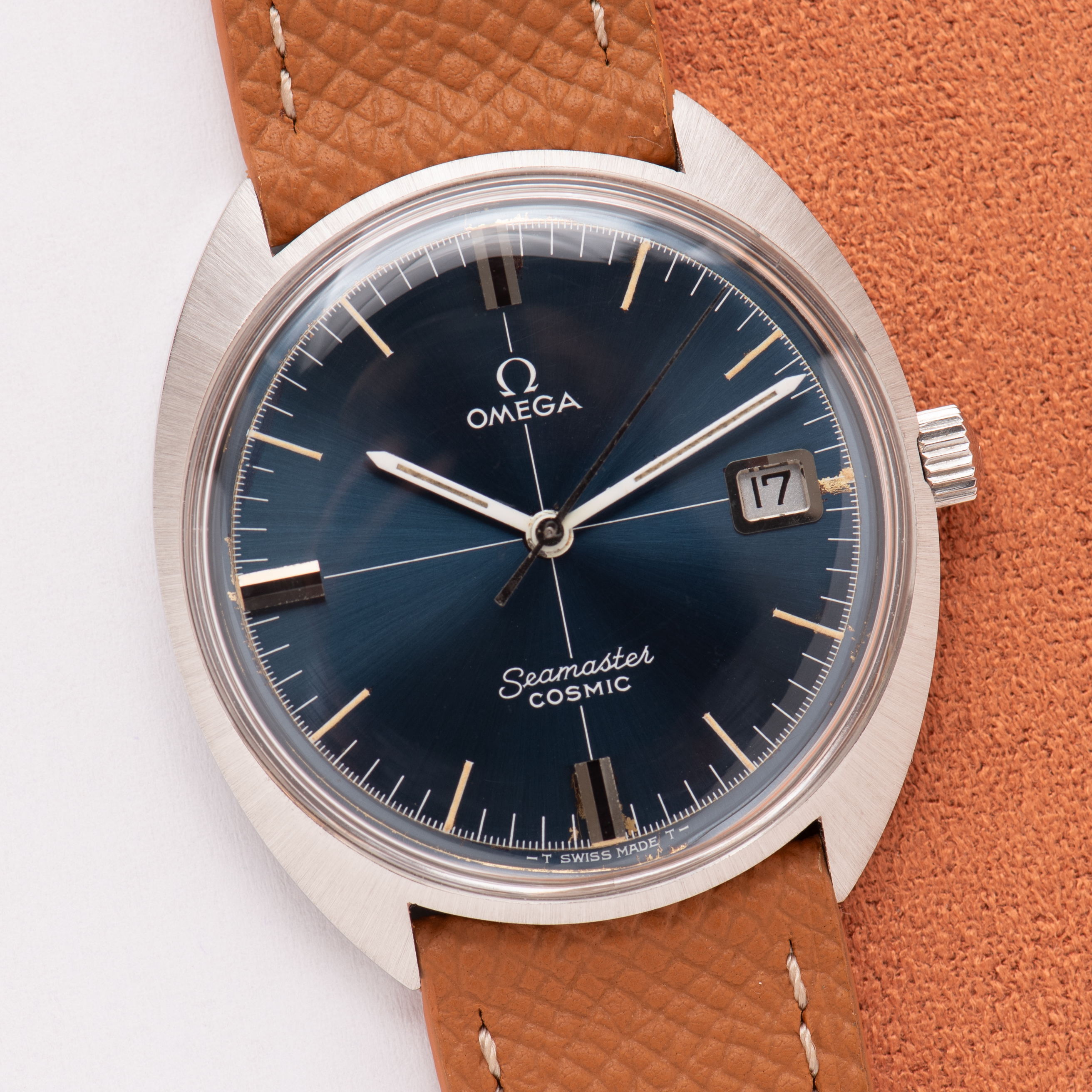 View of Omega Seamaster Cosmic Blue Crosshair Dial Date Ref 136.017SP from 1969