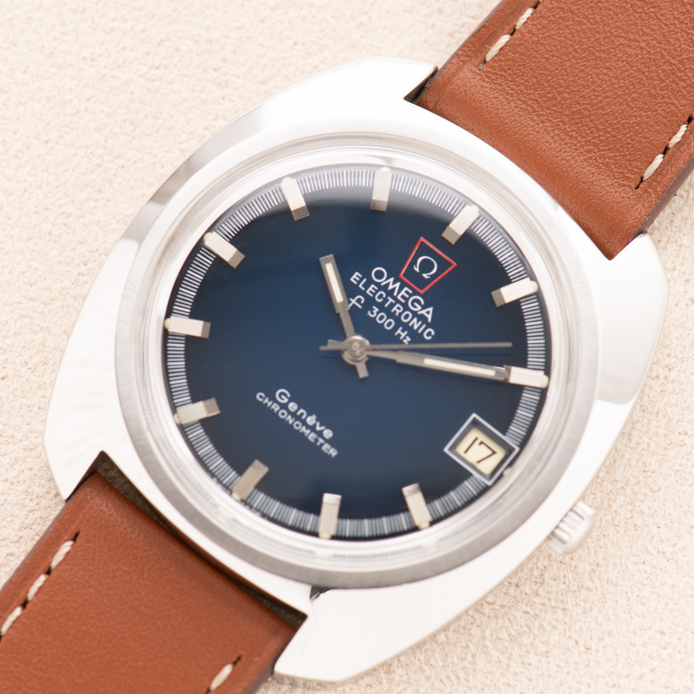 View of Omega Electronic F300 Hz Geneva Chronometer Blue Spider Dial Ref 198.030