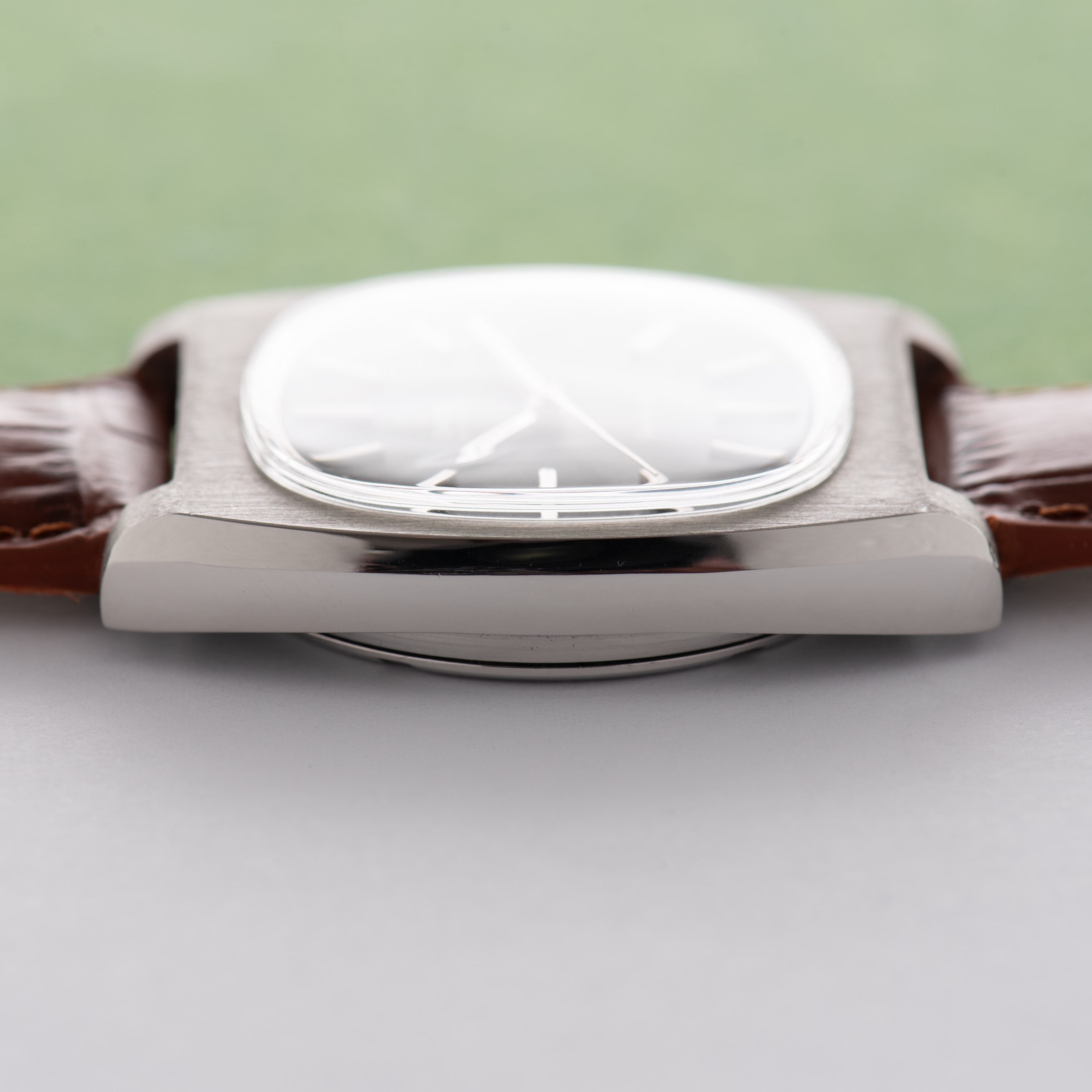 View of Omega Genève Automatic Date Square TV black dial ref 166.0190 from 1973