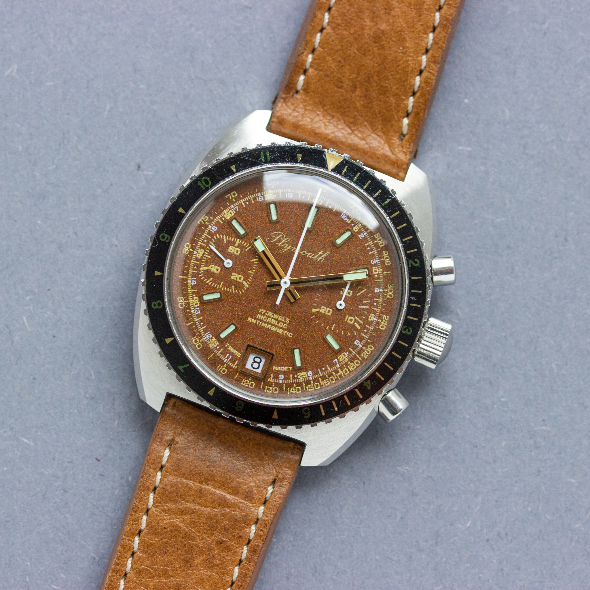 View of Plymouth Chronograph New Old Stock valjoux 7734