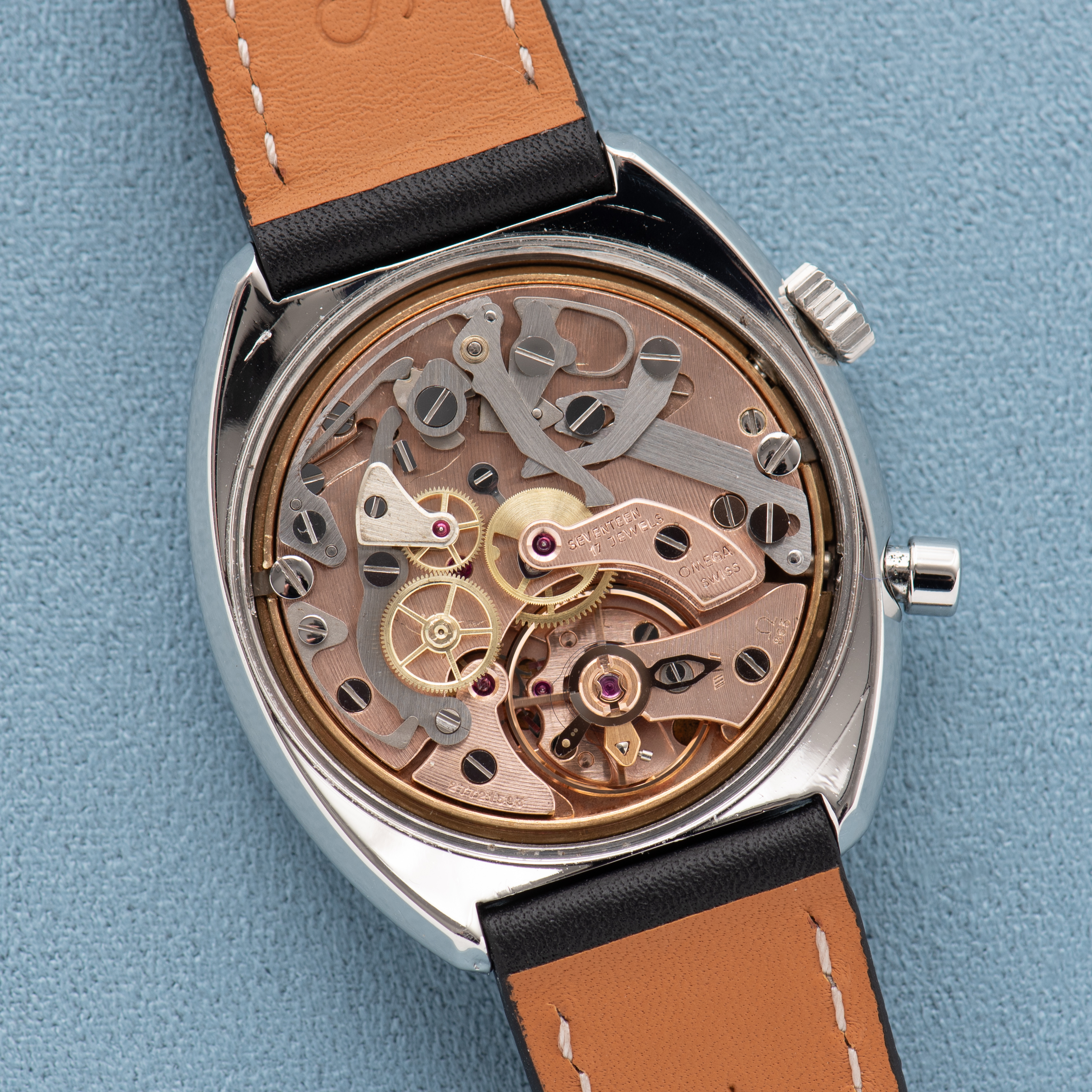 View of Omega Geneva Chronostop Blue Dial Ref 145.009 from 1968 Cal 865