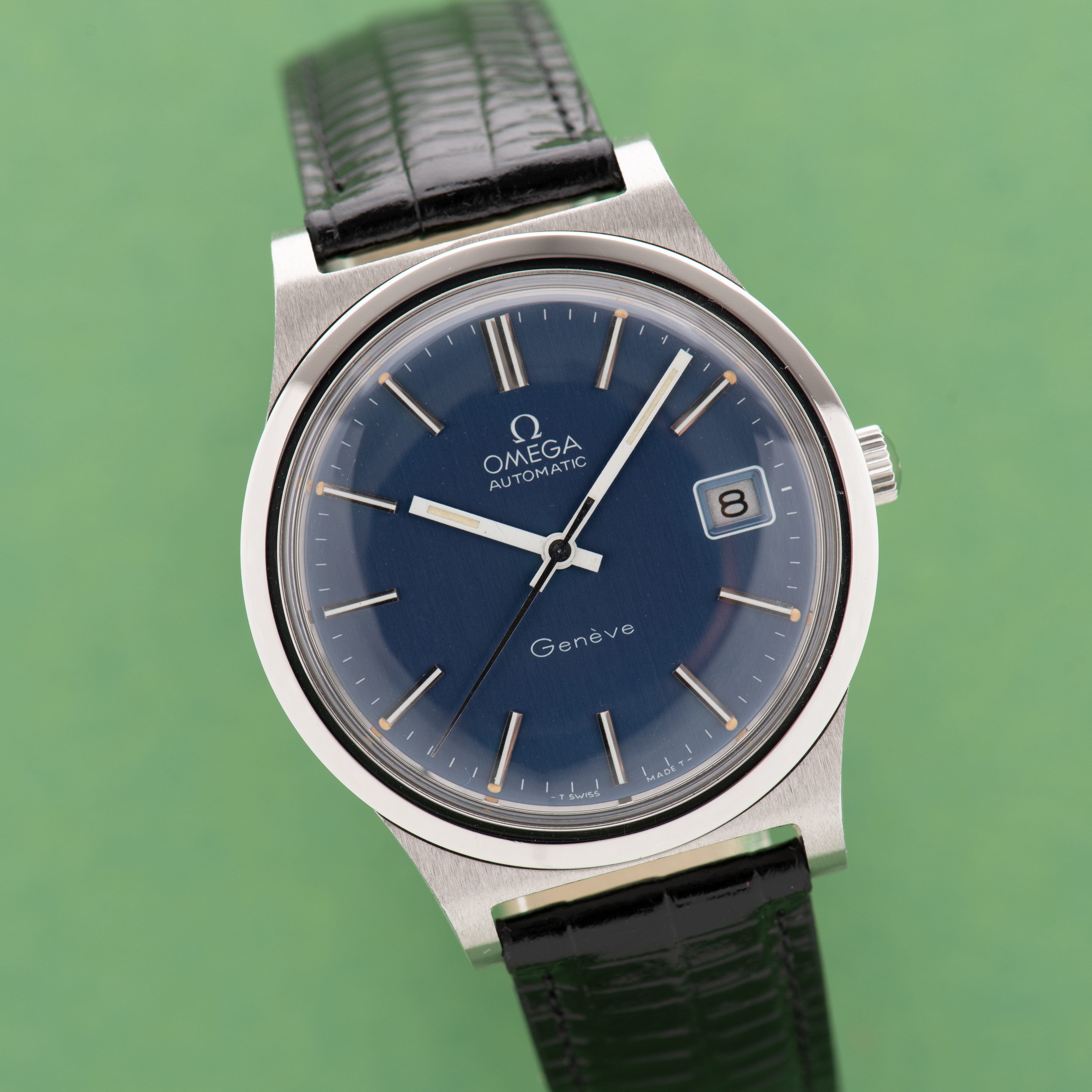 View of Omega Genève Automatic Date Blue Dial Réf 166.0168 from 1973