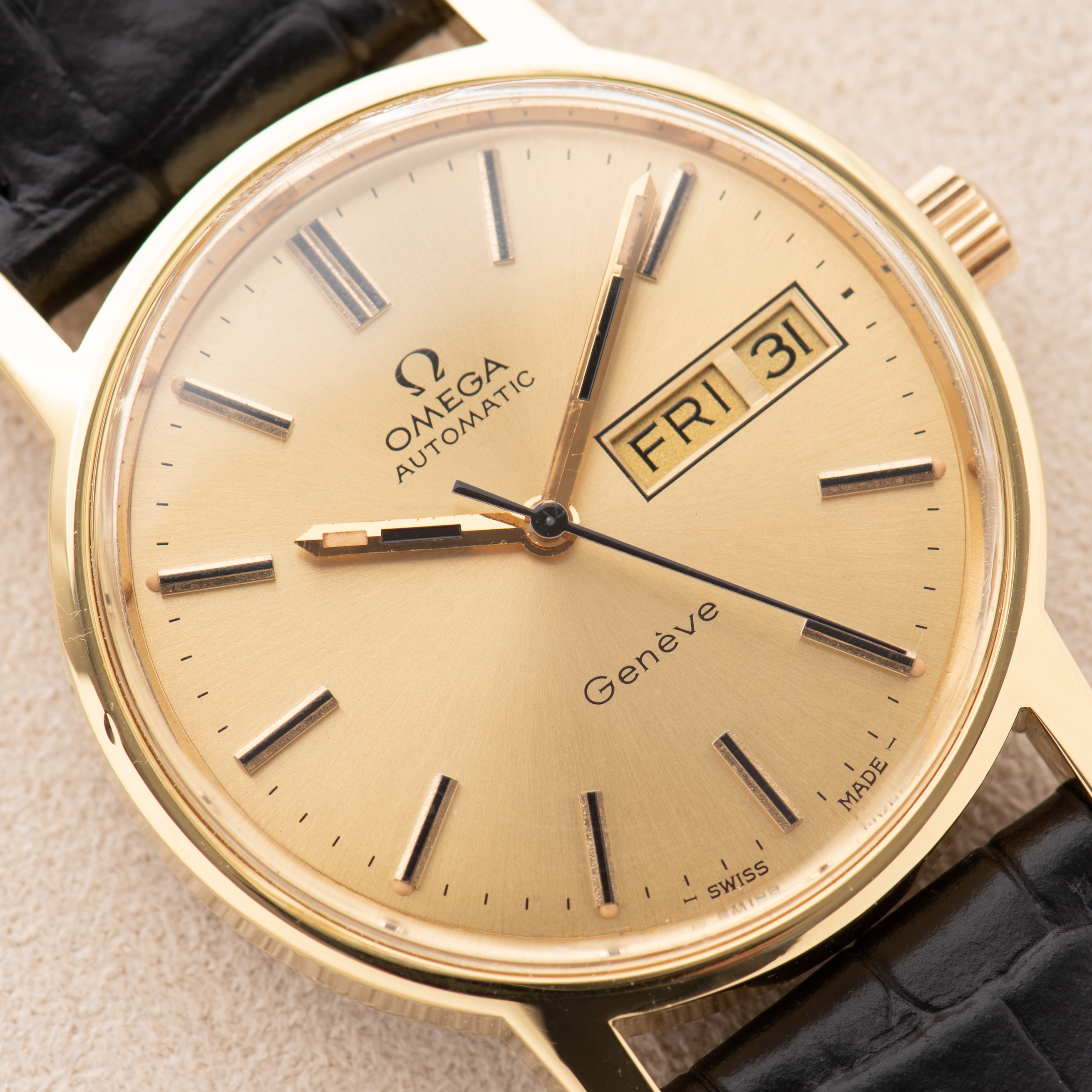 View of Omega Automatic Genève Gold Plated Day-Date From 1973 Ref 166.0117