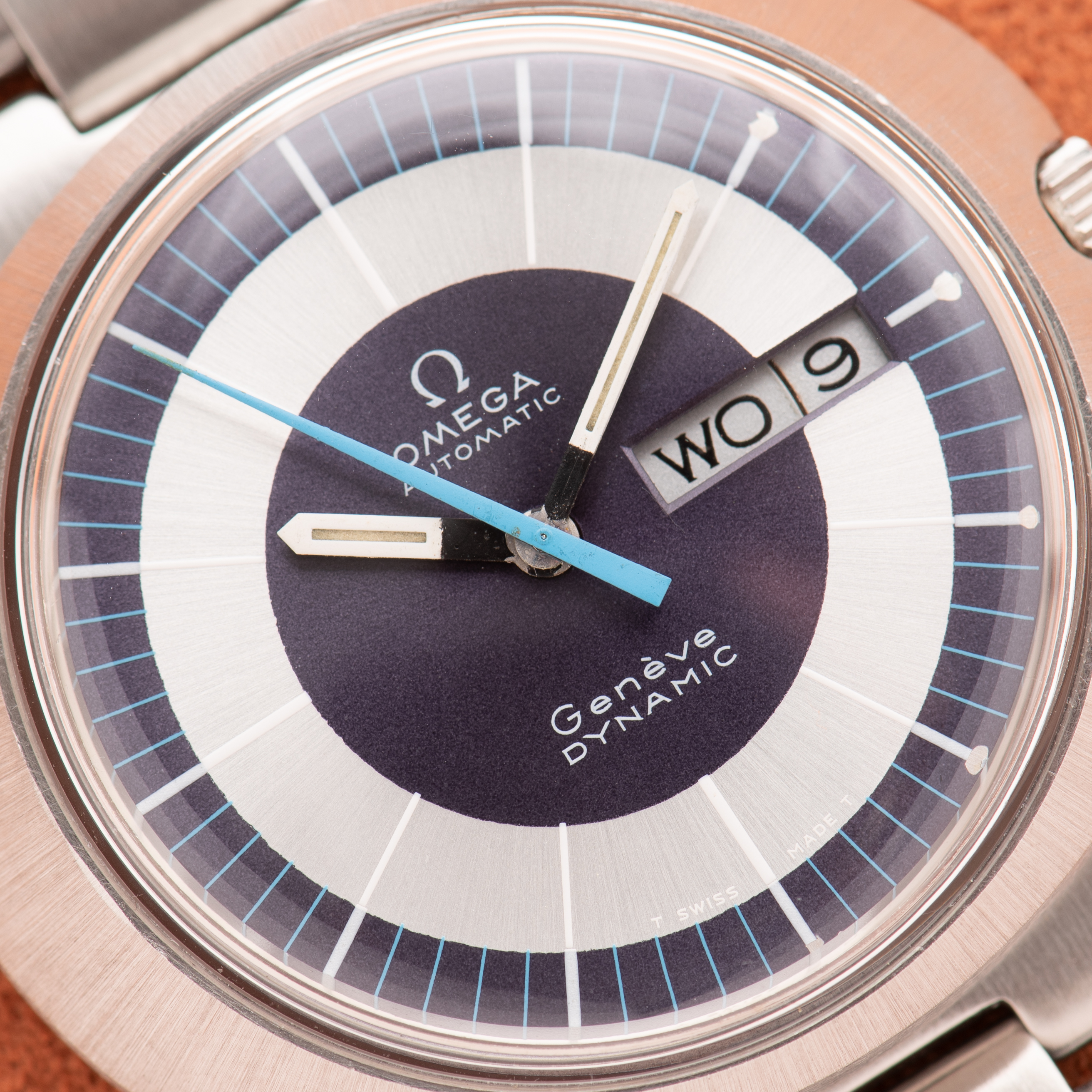 View of Omega Geneva Dynamic Automatic Day-Date Blue Dial from 1969 Ref 166.079