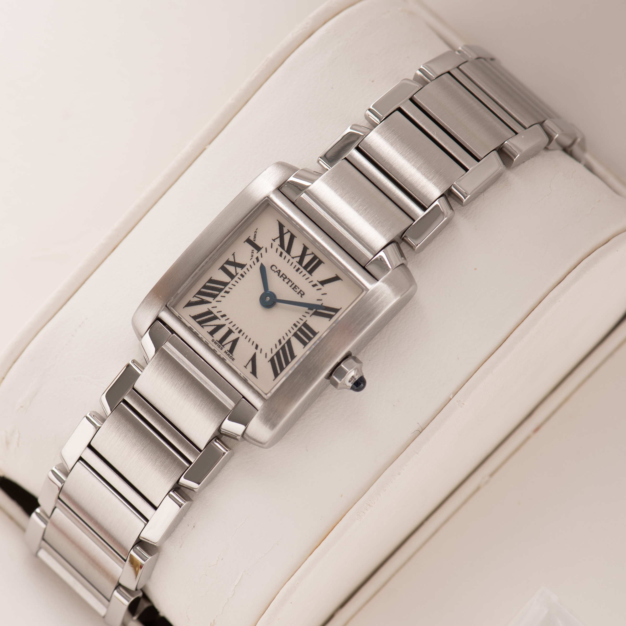 View of Cartier Tank Française SM Roman Dial Réf 2384 Full Set from 2000