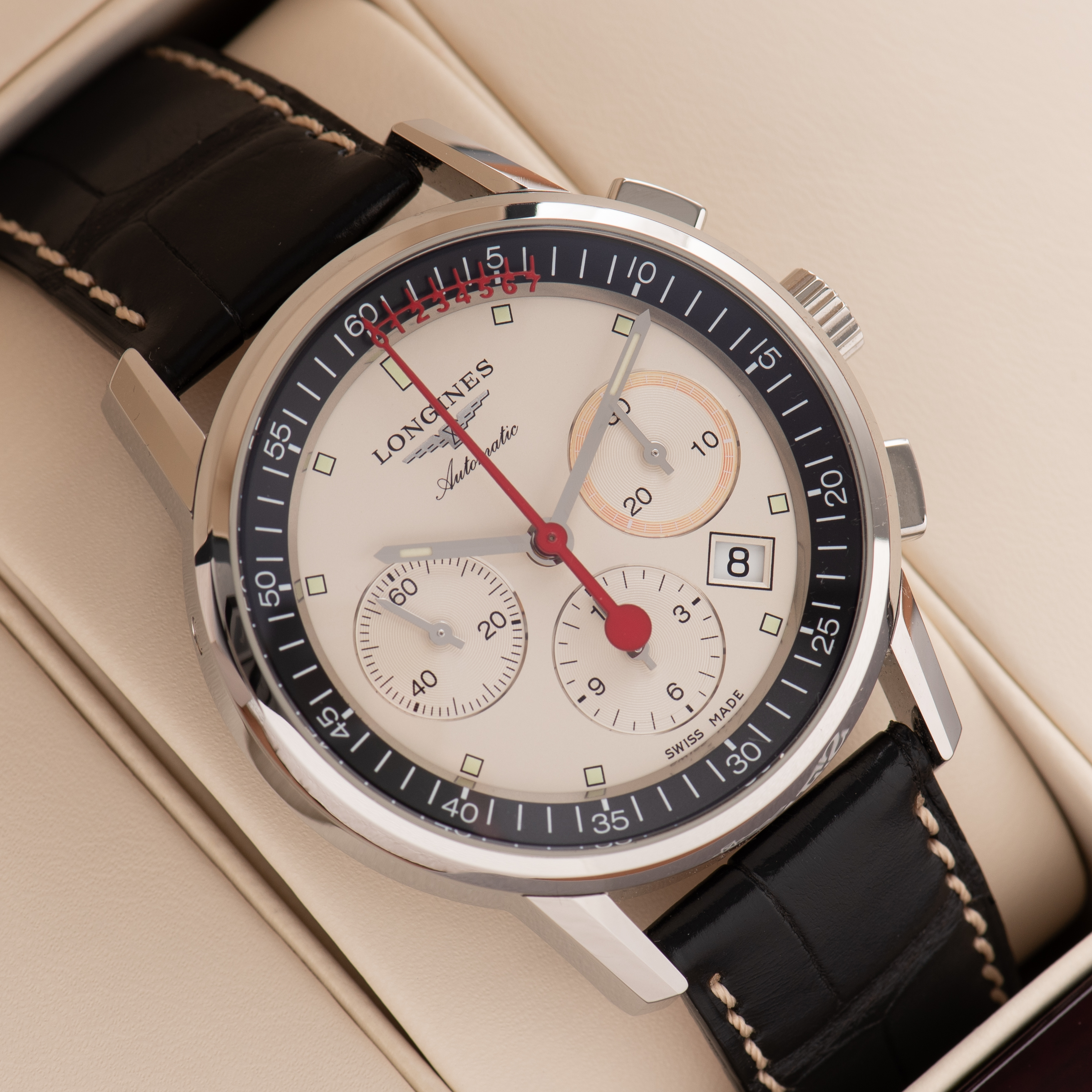 Zicht op Longines Heritage Chronograph Column Wheel Ref L.4.754.4 Volledige Set uit 2024