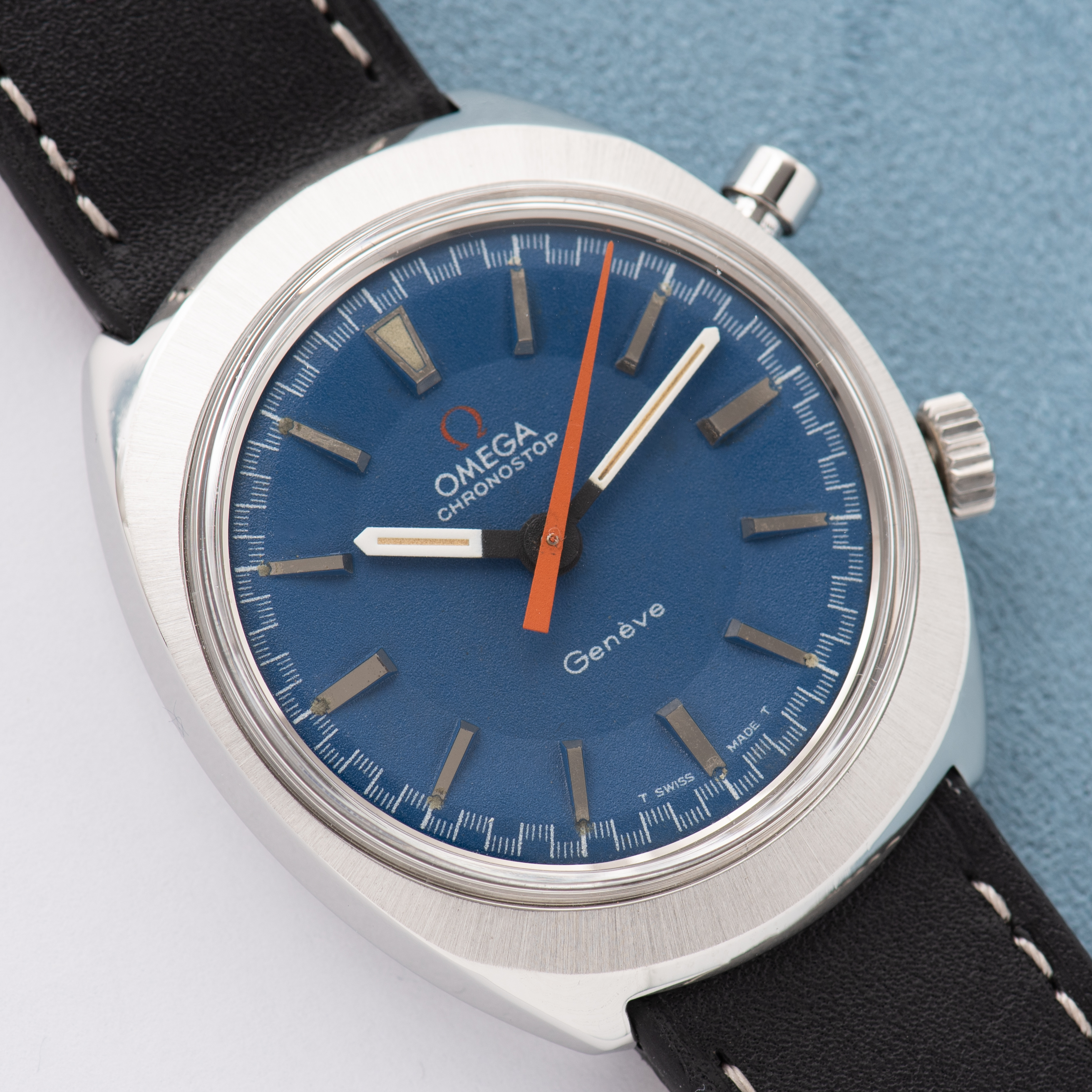 View of Omega Geneva Chronostop Blue Dial Ref 145.009 from 1968 Cal 865
