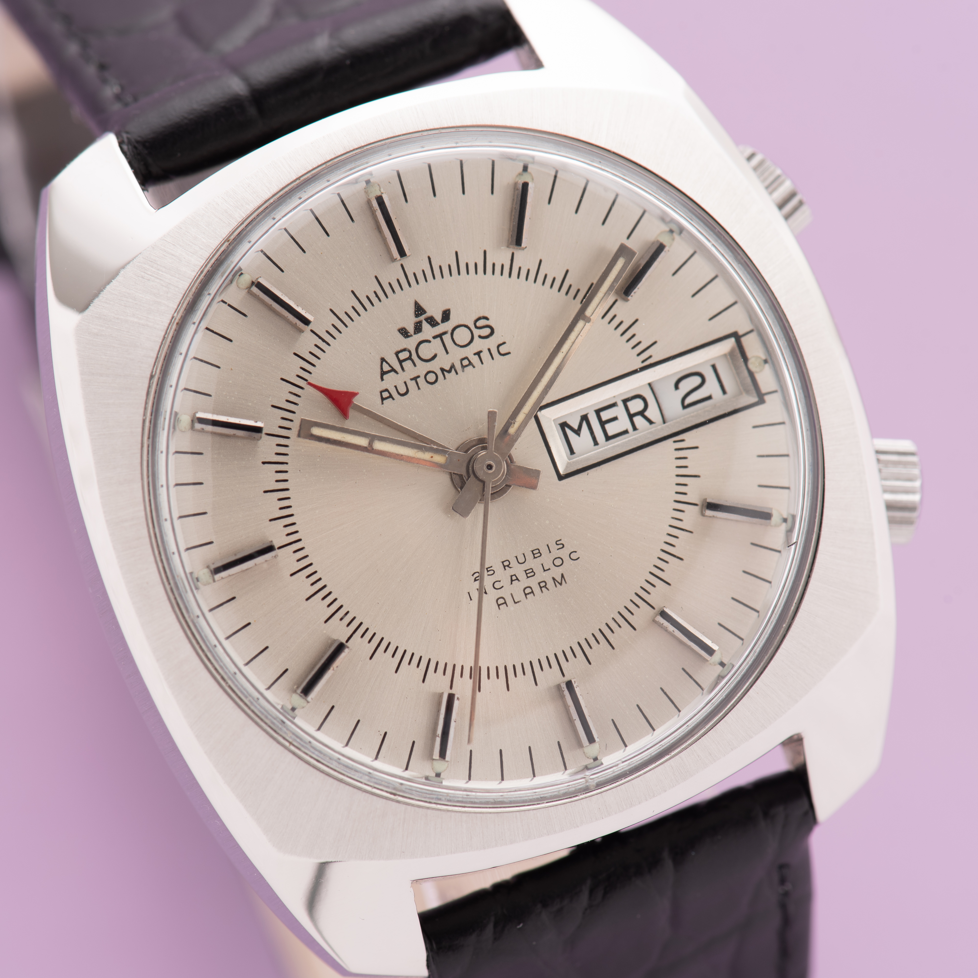 View of Arctos Automatic Day-date 25rubis Incabloc Alarm AS 5008