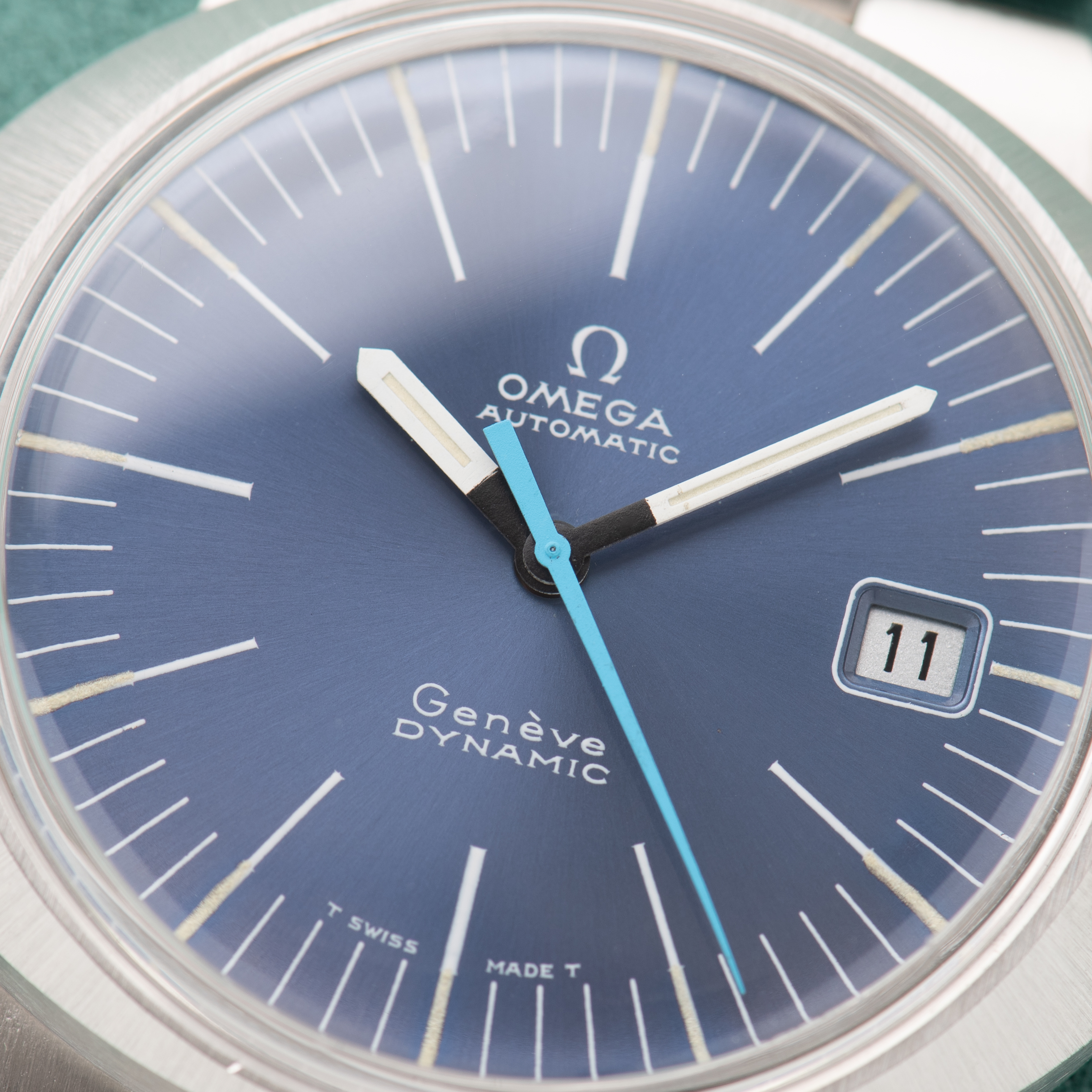 View of Omega Genève Dynamic Automatic Date Blue Dial from 1968 Ref 166.039