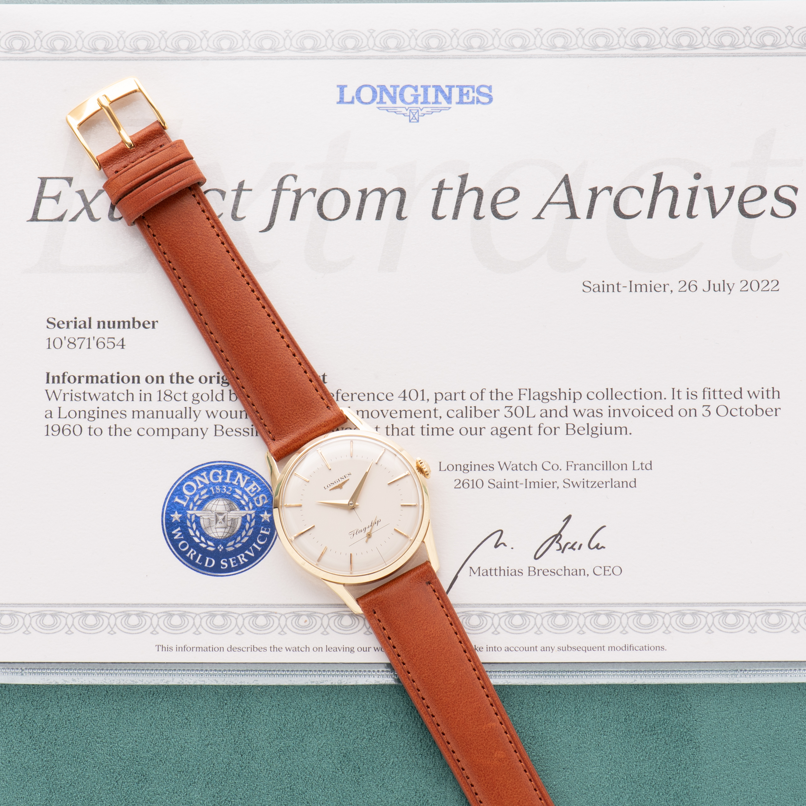 Zicht op Longines Flagship ref 401 Gold 18k 0,750 cal 30L + archiefextract