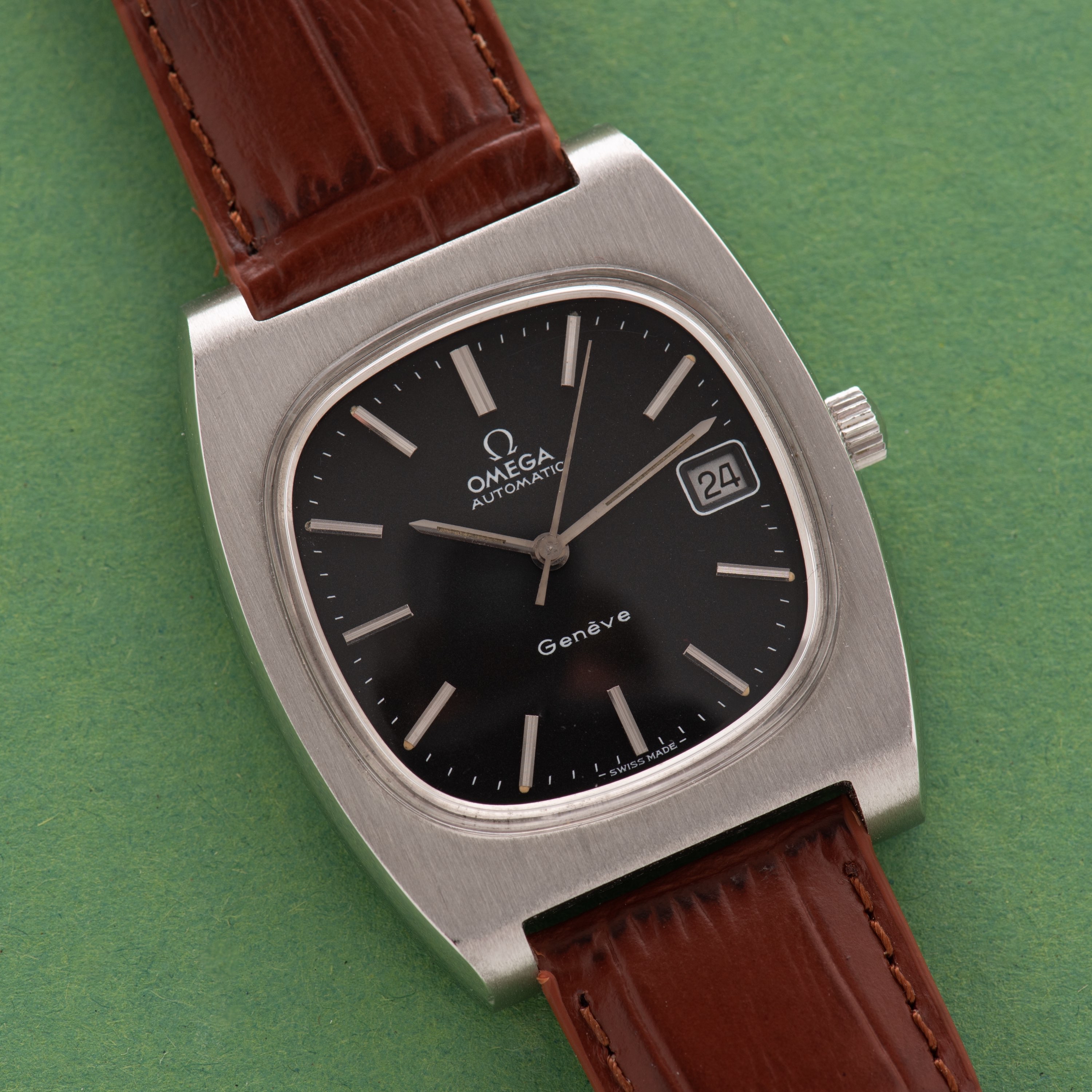 View of Omega Genève Automatic Date Square TV black dial ref 166.0190 from 1973