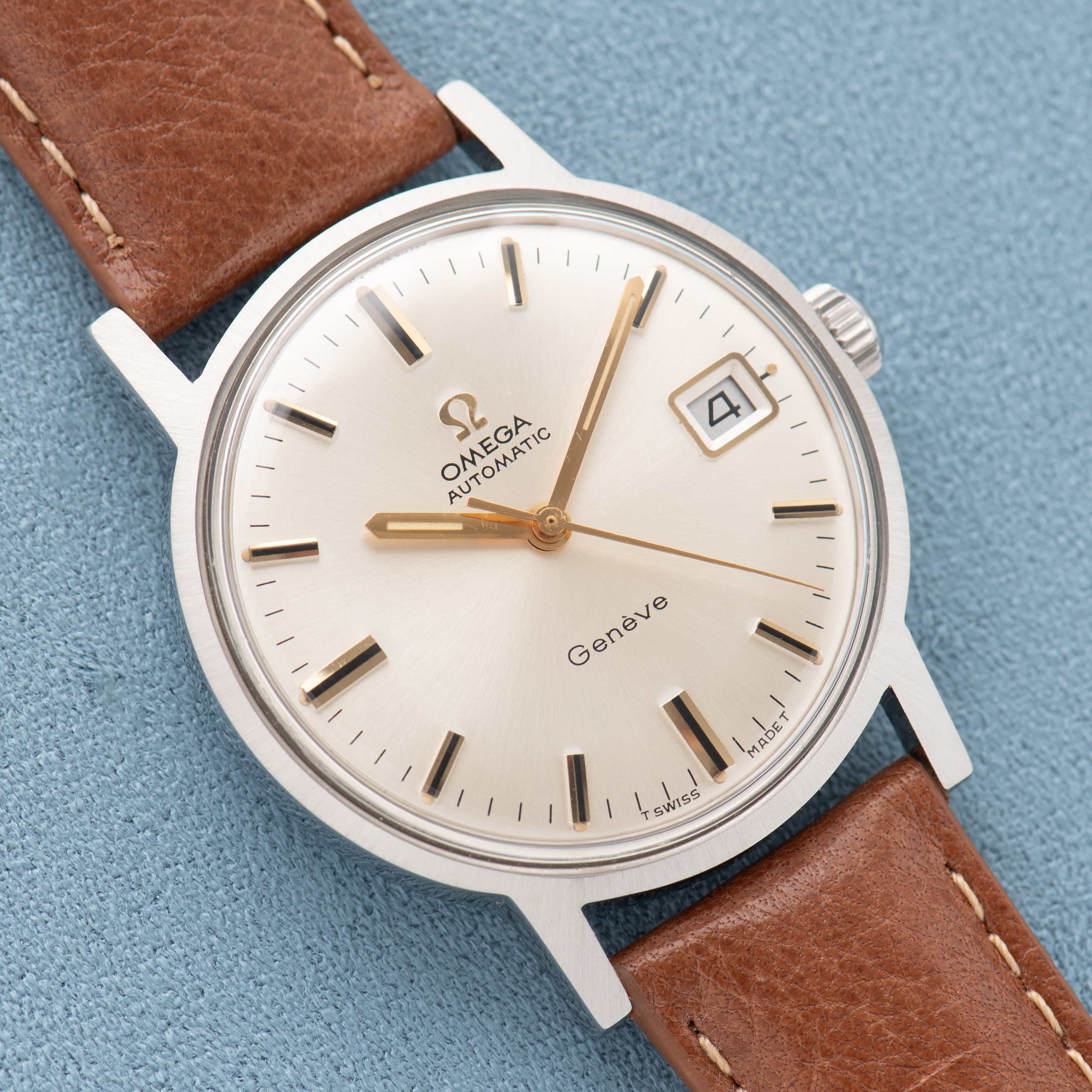 View of Omega Automatic Geneva Date Silver Dial Ref 166.070 from 1969