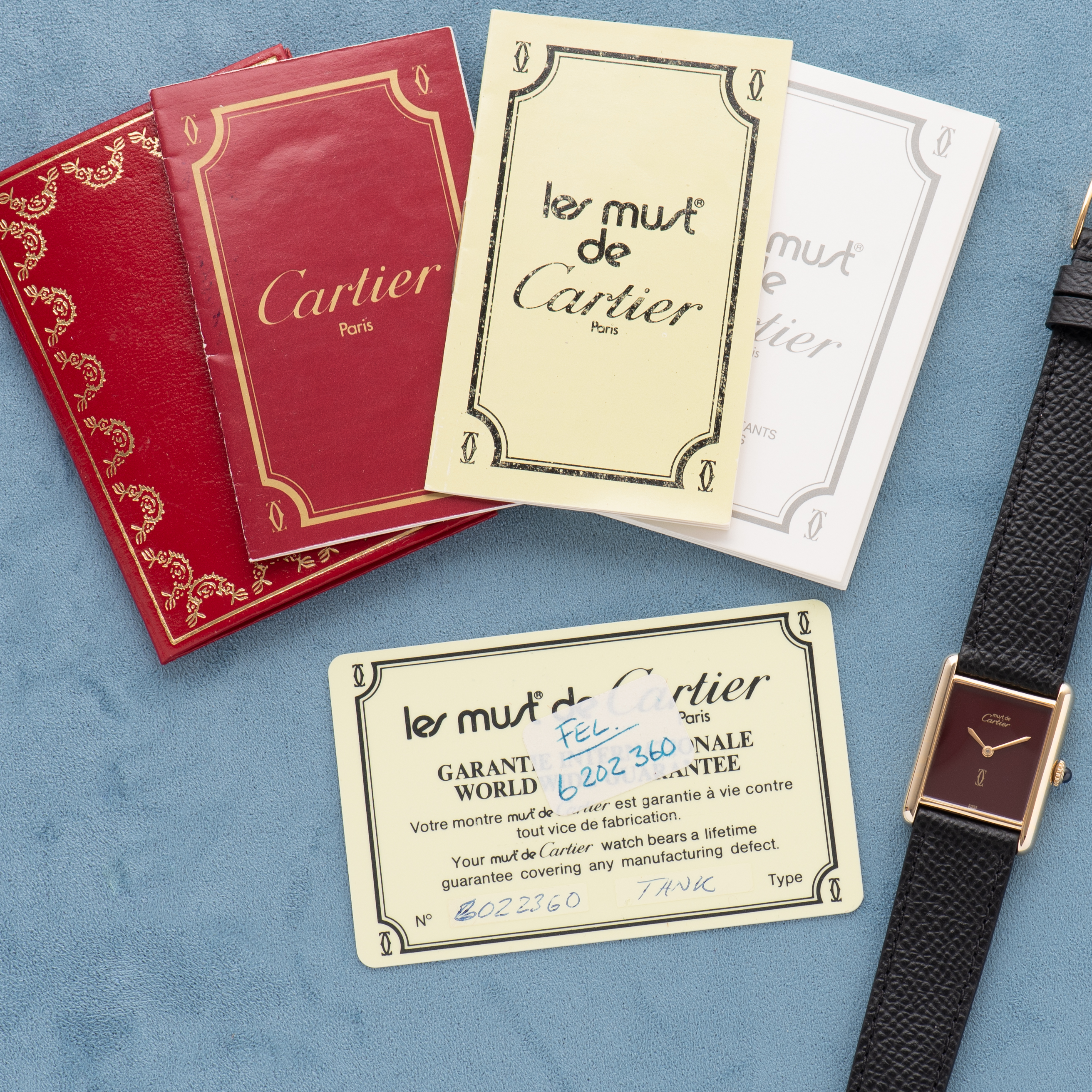 Vue de Cartier Tank De Must Vermeil GM Bordeau Dial Full Set from 1982