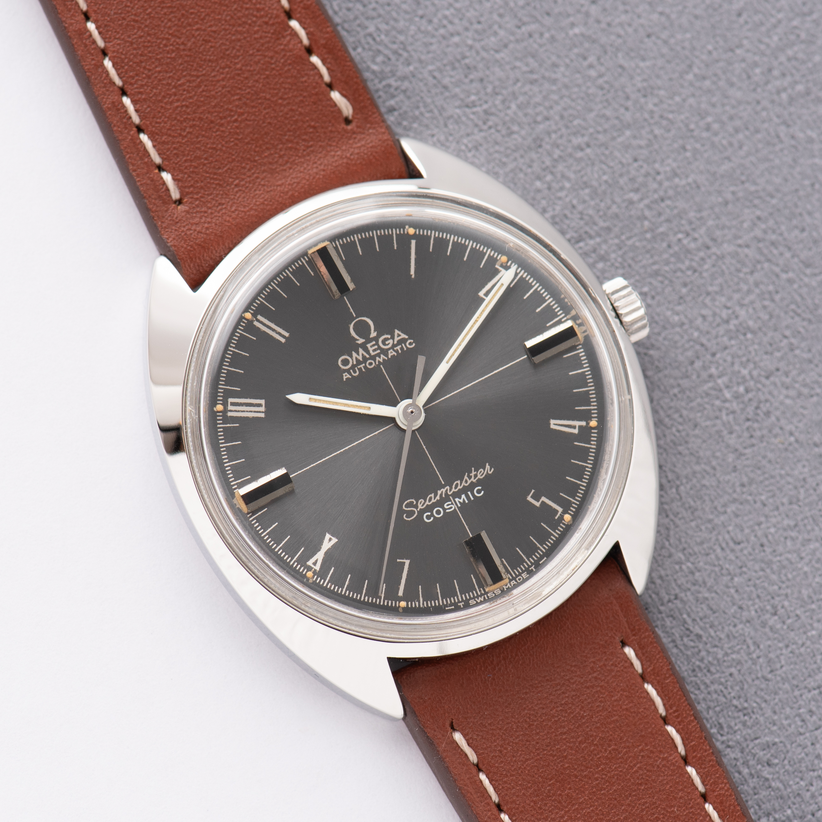 View of Omega Automatic Seamaster Cosmic "Crosshair" Grey Dial Ref 166.026 from 1969