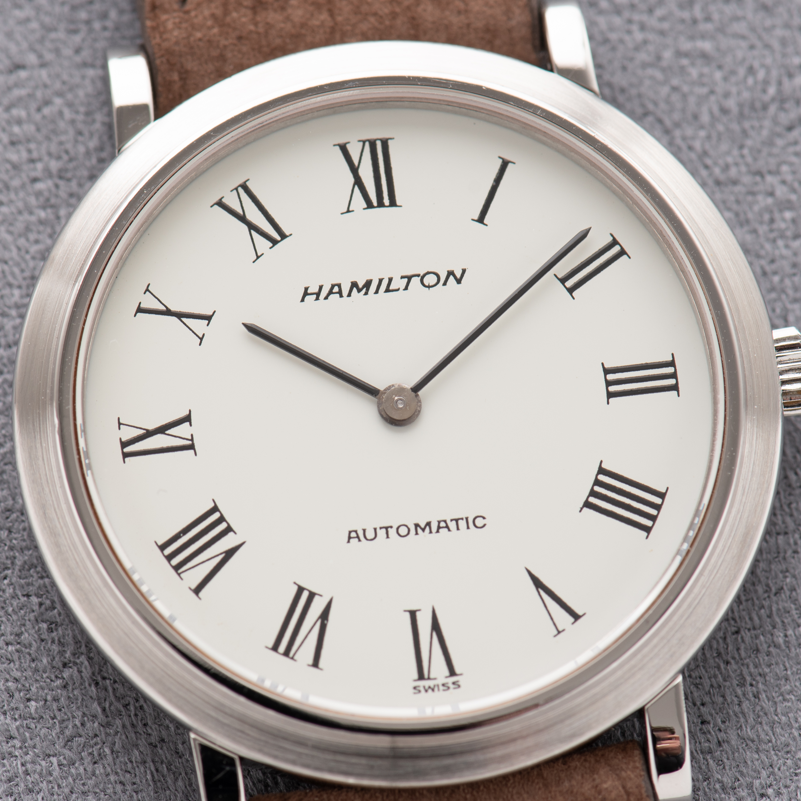 View of Hamilton PROTOTYPE Omega Automatic White Roman Dial Extraplate Cal 831