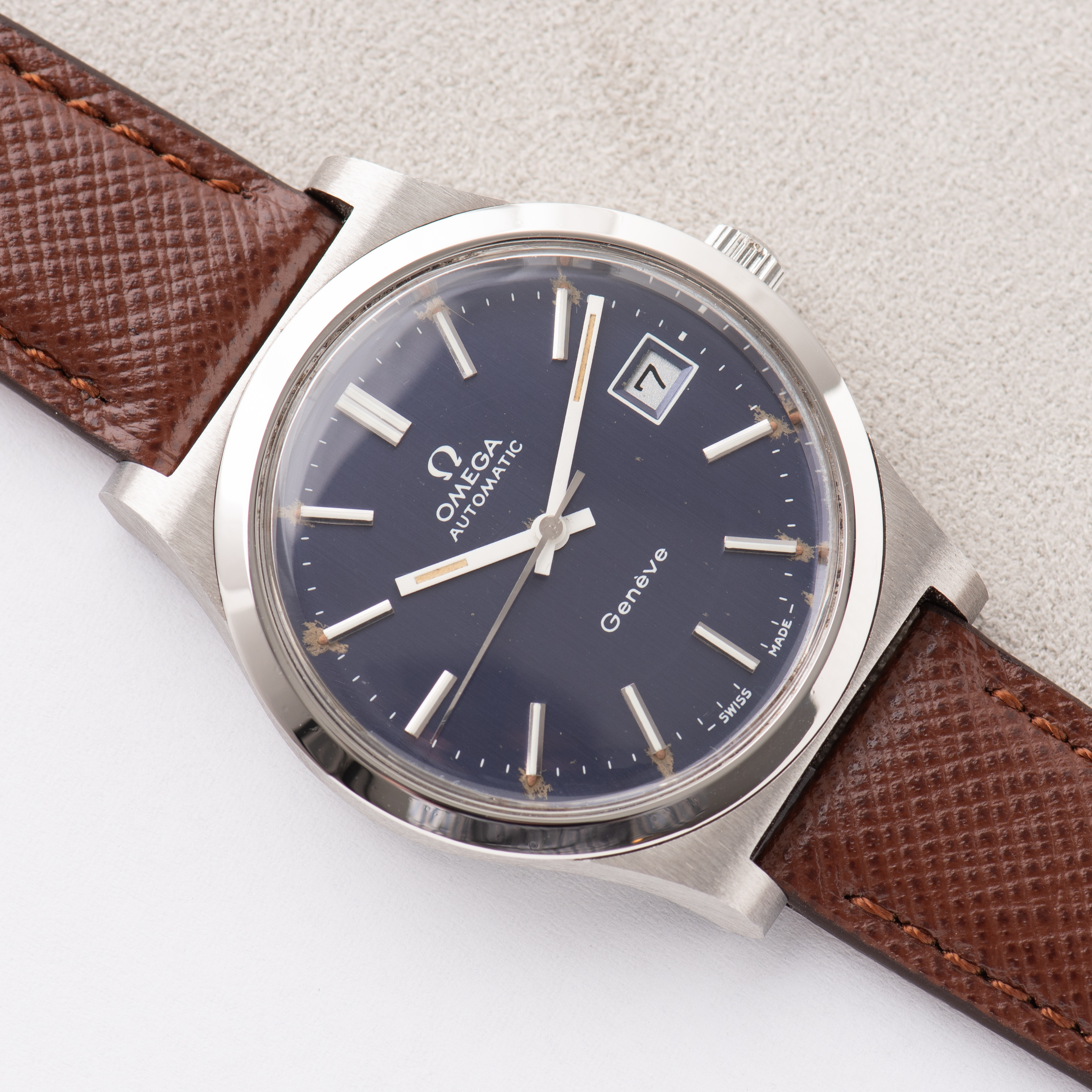 View of Omega Genève Automatic Date Blue Dial Ref 166.0169 from 1973