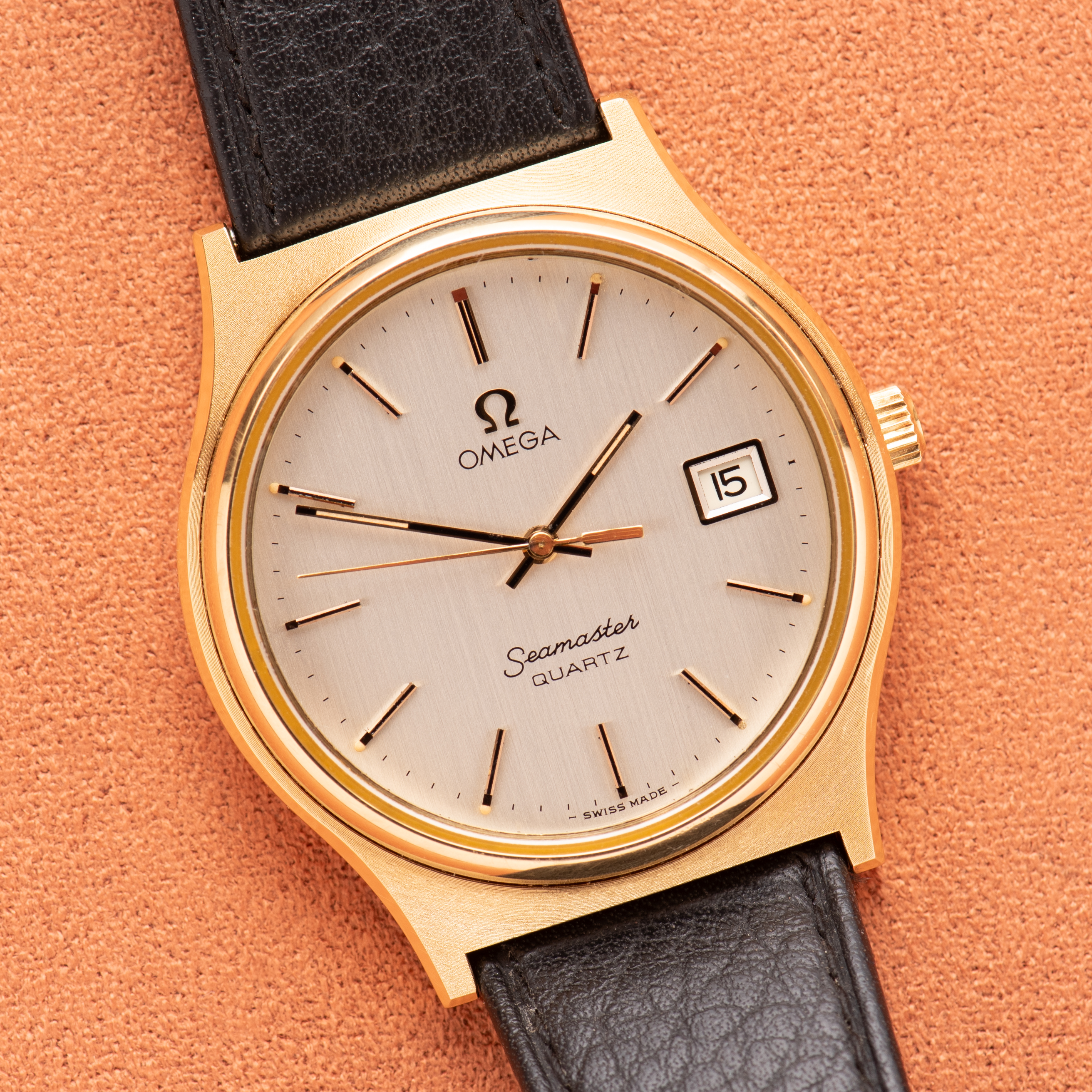 View of Omega Seamaster Quartz from 1977 cal 1342 Réf 196.0116 with box and papers