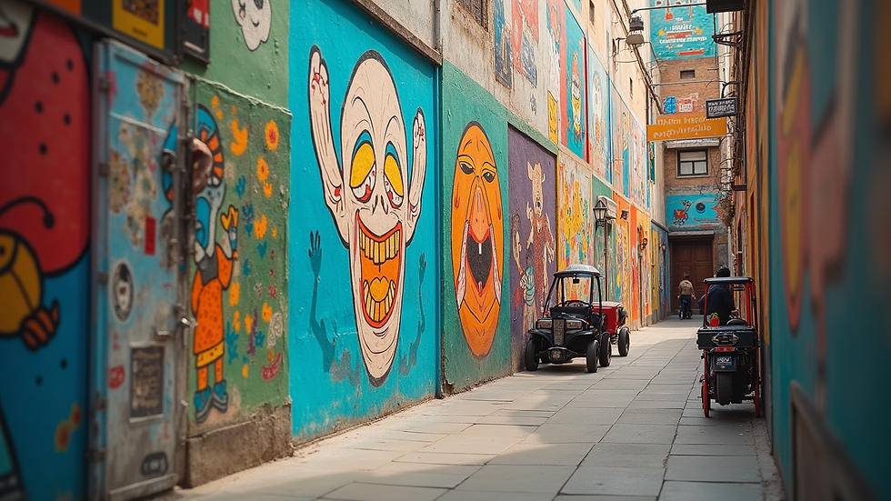 Eye-level view of a colorful mural depicting various design elements