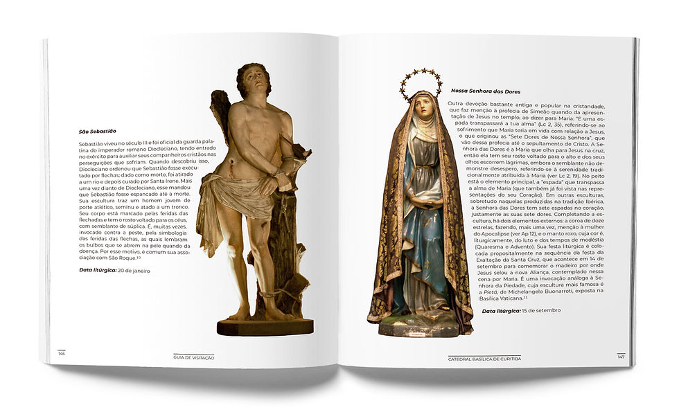 Páginas internas do livro com imagens de santo e descritivos