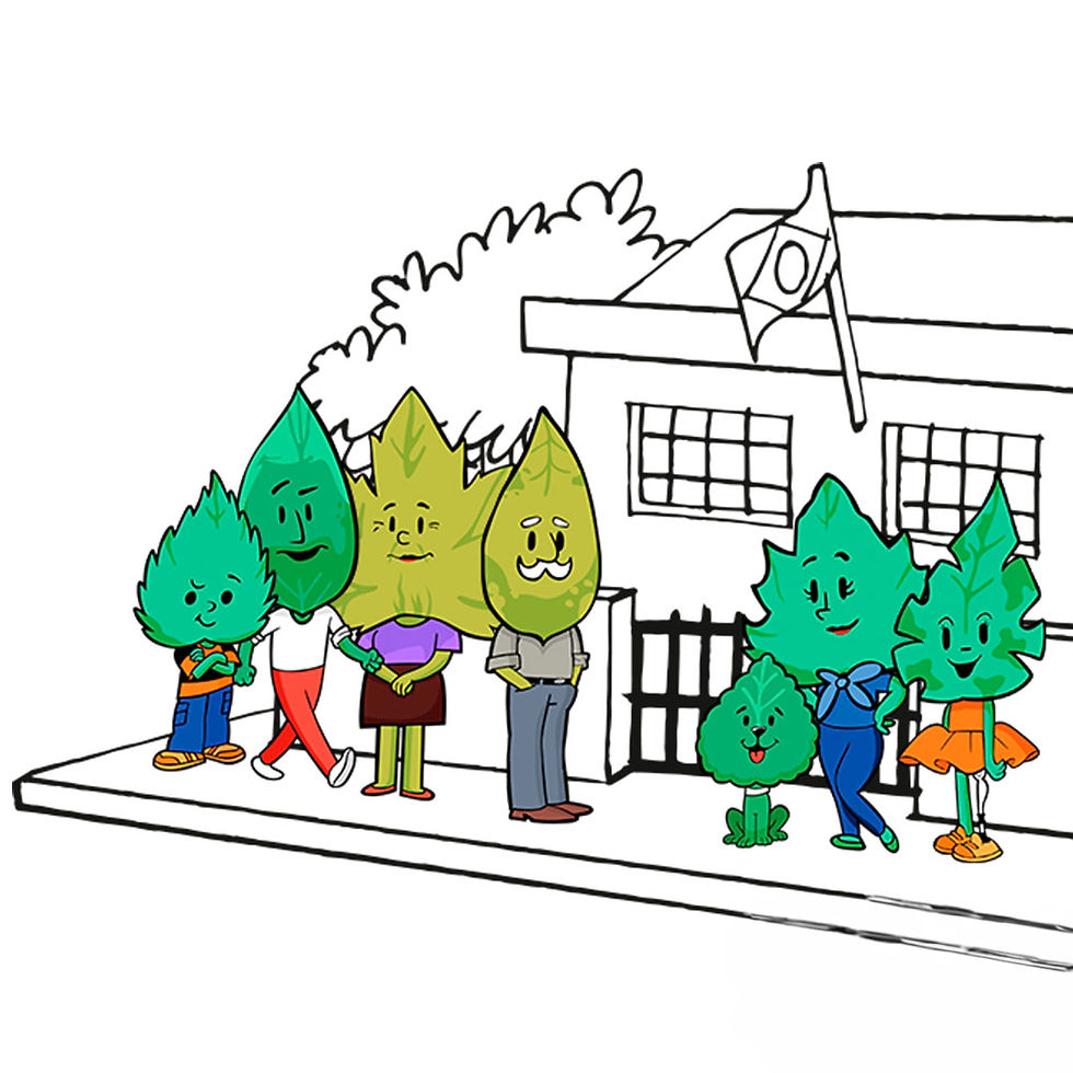 Família Folhas em frente a fachada de uma casa com a bandeira do Brasil