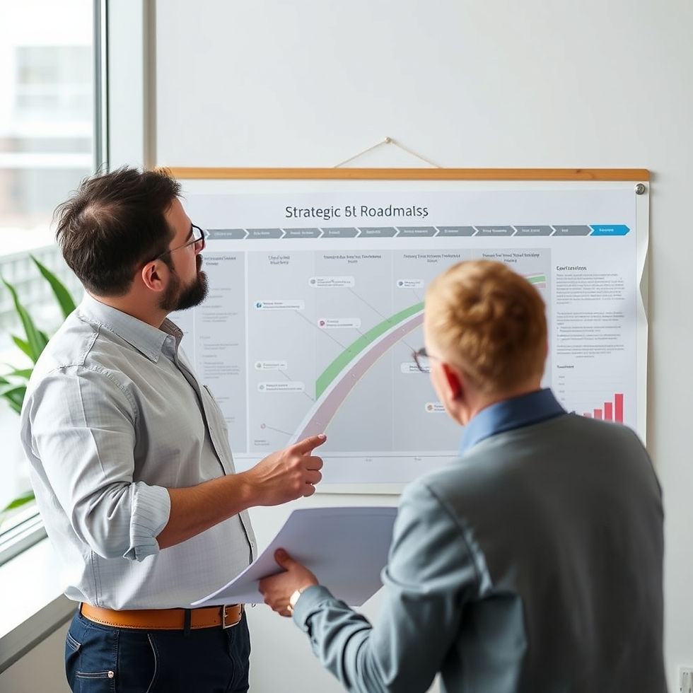 Professionals reviewing a strategic roadmap.