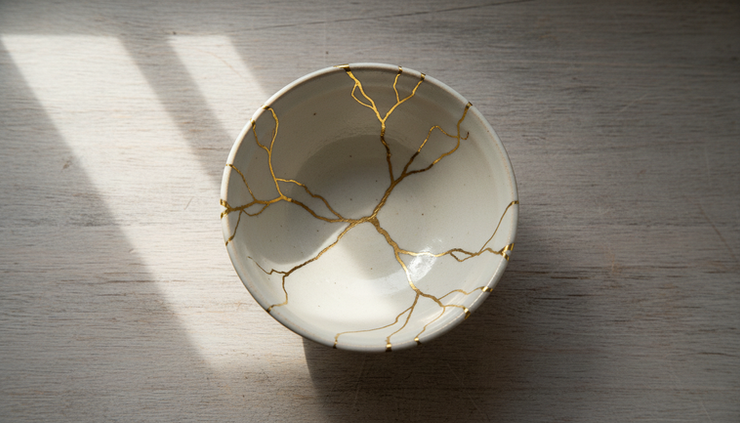 Overhead view of a ceramic bowl repaired with fine gold lines on a wooden surface.