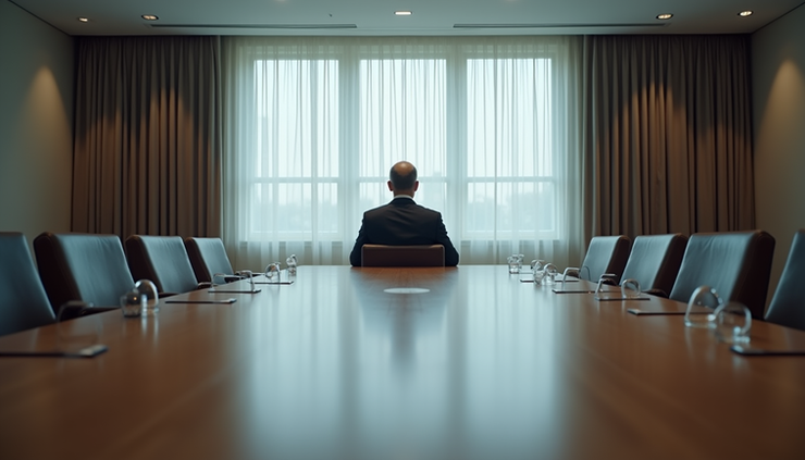 Eye-level view of a single executive seated alone at a large conference table, symbolizing isolation in leadership