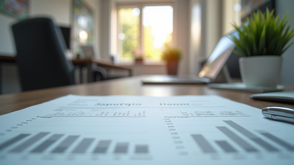 Eye-level view of a modern office workspace with strategic planning documents