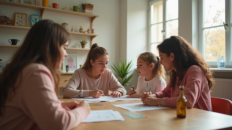 Vue rapprochée d'une famille réunie autour d'une table avec des supports éducatifs