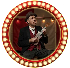 David Kaplan holding ukulele in lightbulb frame