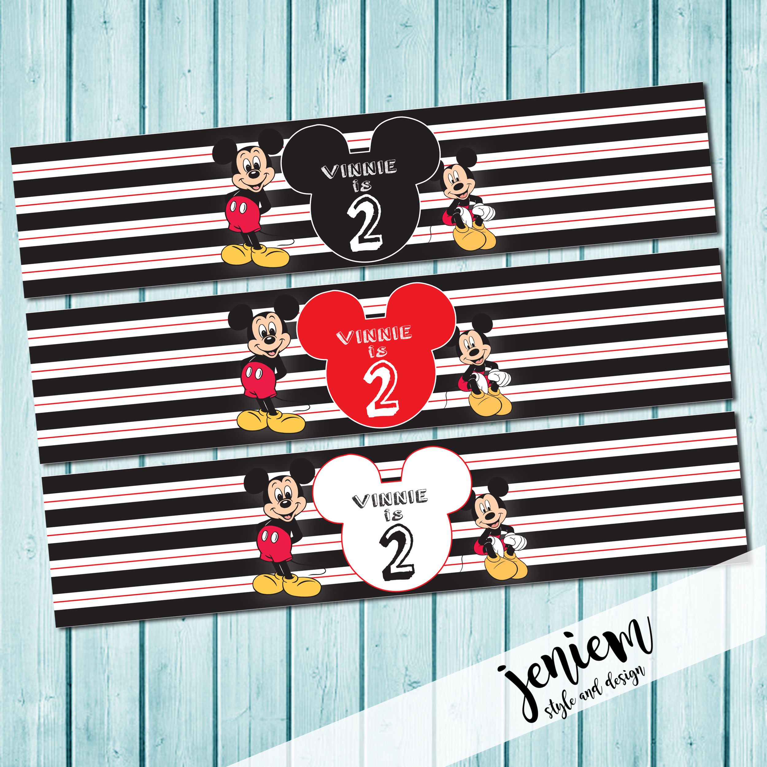 Mickey Mouse Water Bottle Wraps Black, white, red Stripes