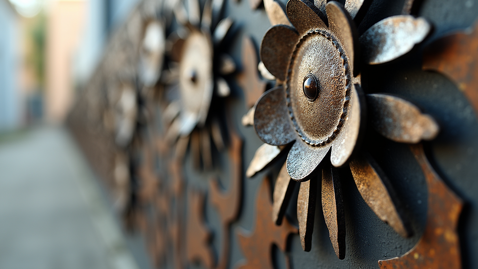 Eye-level view of a vibrant recycled metal garden sculpture