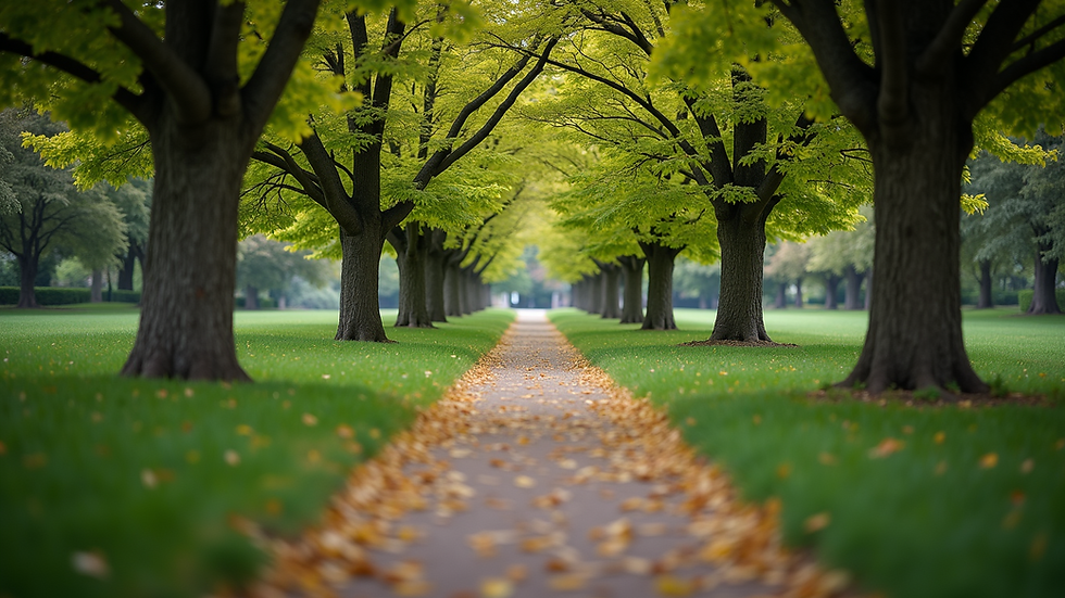 Eye-level view of a peaceful garden path lined with trees