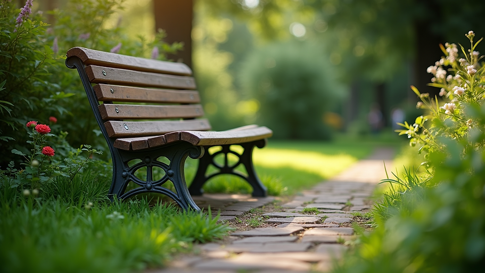 Eye-level view of a peaceful garden bench surrounded by greenery