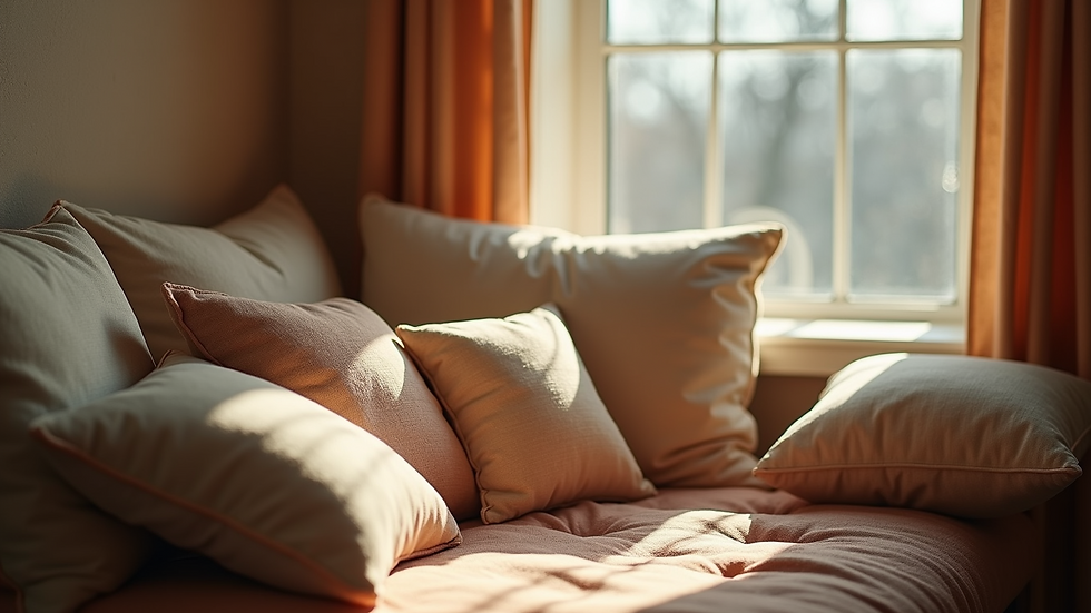 Close-up view of a cozy corner with cushions and soft lighting