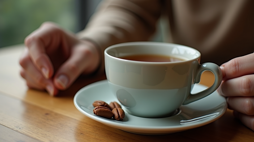 Close-up view of a person’s hands holding a cup of tea on a wooden table