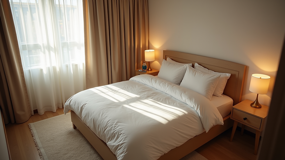 High angle view of a cozy bedroom with soft lighting and a neatly made bed