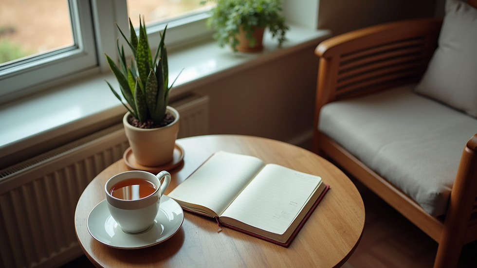 High angle view of a cosy corner with a journal and a cup of tea