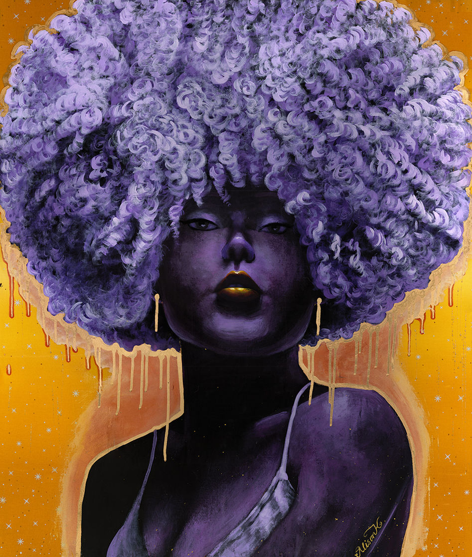 Oshun: acrylic and metallic on printed cotton