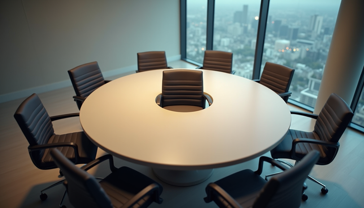 Eye-level view of a single chair at a round table with empty seats around it