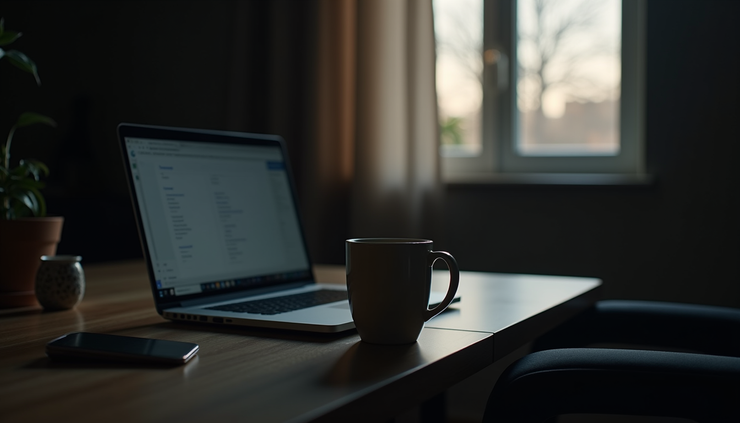 Eye-level view of a dimly lit home office with a laptop and empty coffee cup