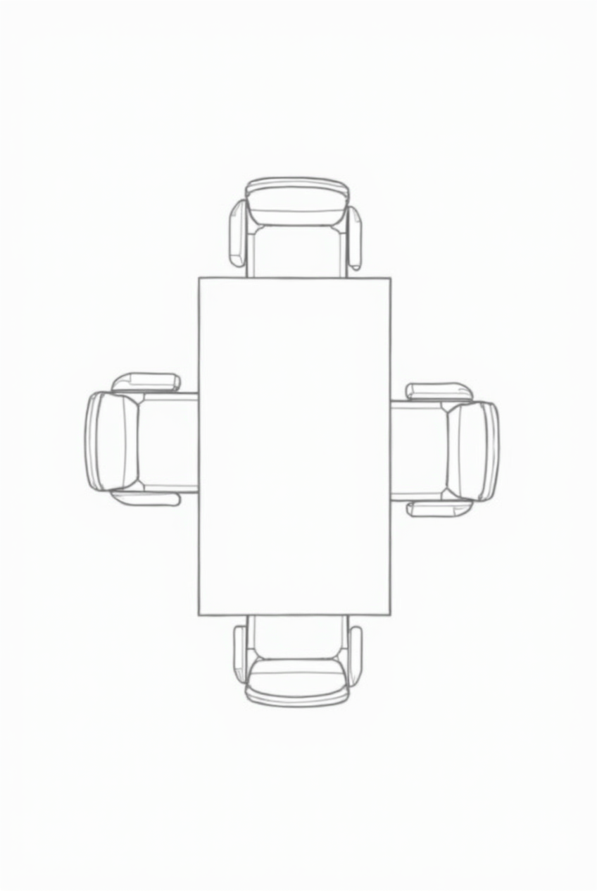 top_view_architectural_line_drawing_of_a_rectangular_shared_office_desk_with_four_equally_