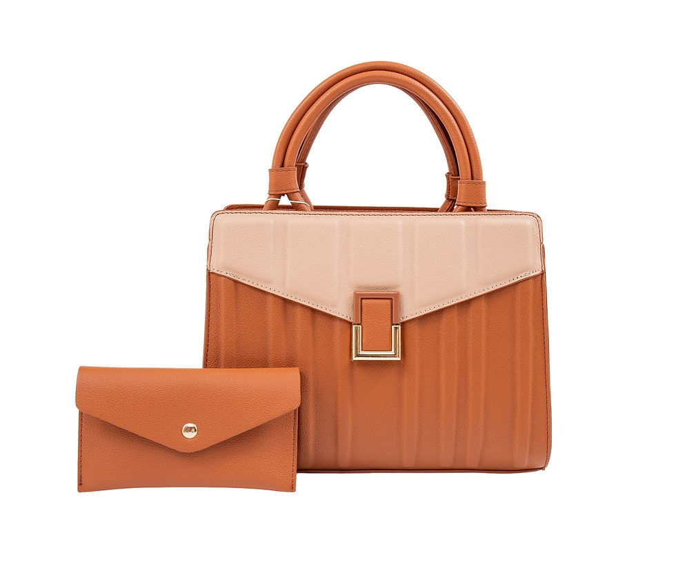 Miniature : Sac à main femme, marron et beige, avec son porte-carte, élégant, sur fond blanc.