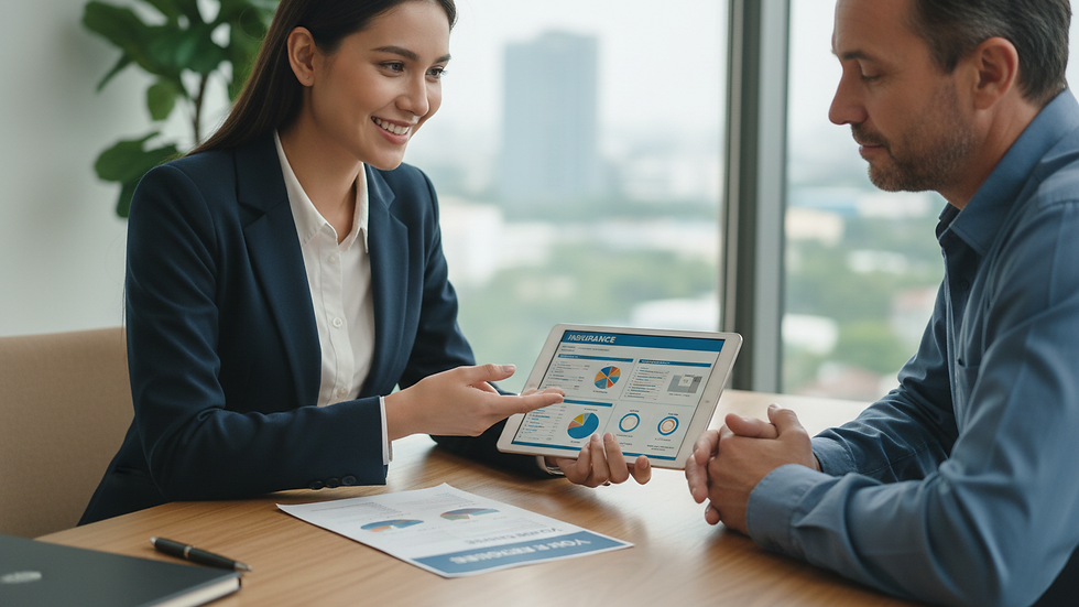 Close-up view of a customer service representative assisting a client with insurance options