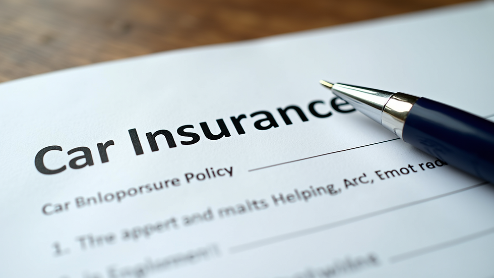 Close-up view of a car insurance policy document and a pen