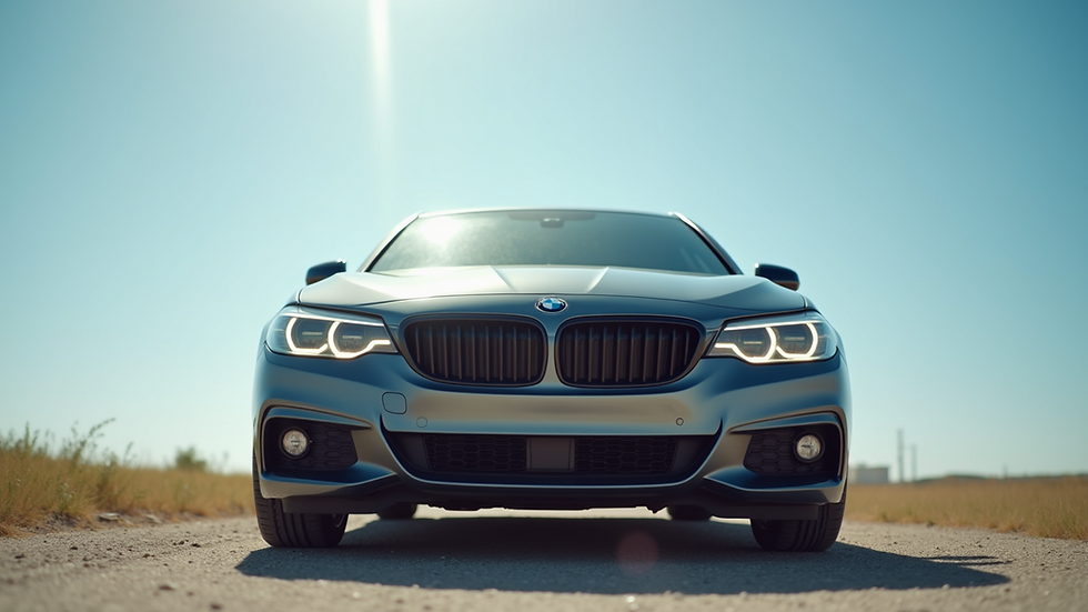 Eye-level view of a parked car with a clear sky background